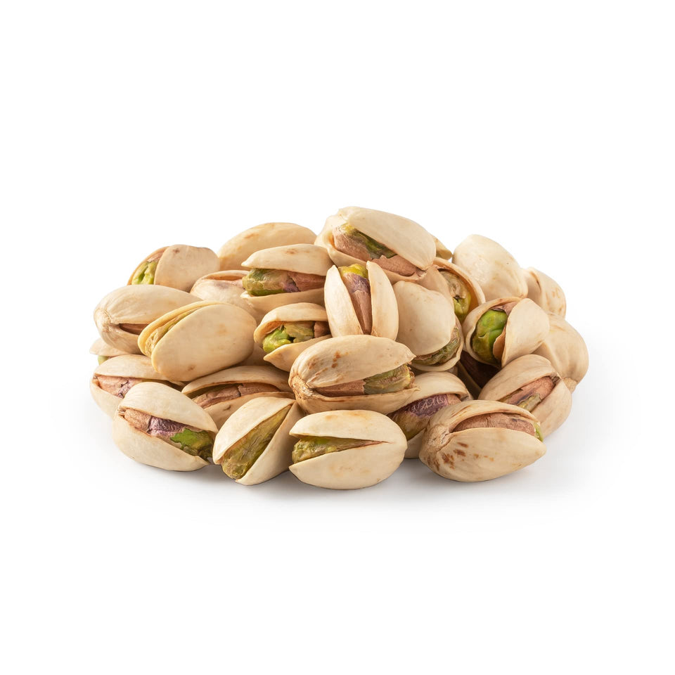 NUTS U.S. California pistachios in resealable bag, roasted and unsalted.