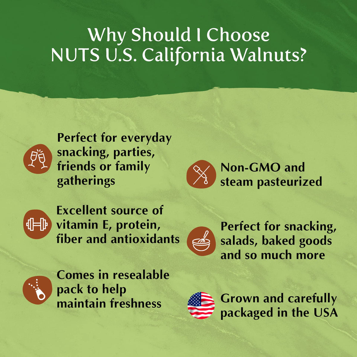 Packaging shot of NUTS U.S. California walnuts emphasizing freshness.