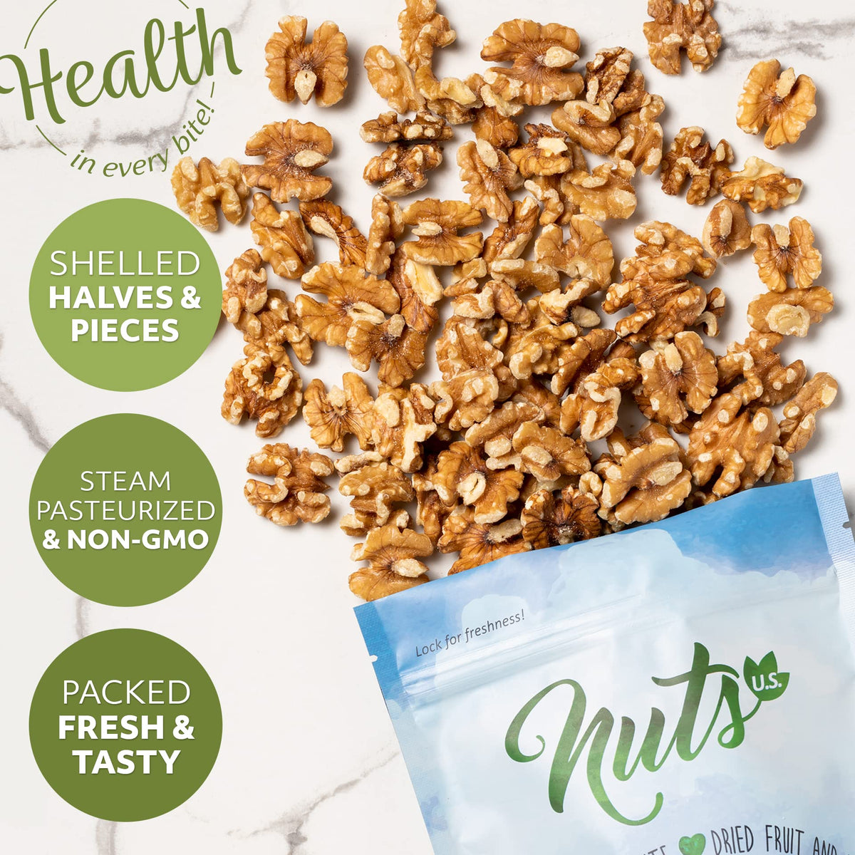 NUTS U.S. California Raw Walnuts in snack bowl, showcasing mild buttery crunch