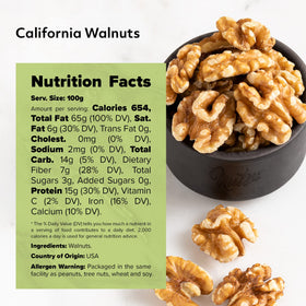 NUTS U.S. California Walnuts nutrition label highlights vitamin E and fiber.