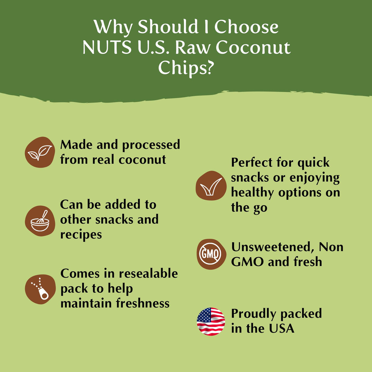 NUTS U.S. coconut chips provide fiber-rich snacking option.