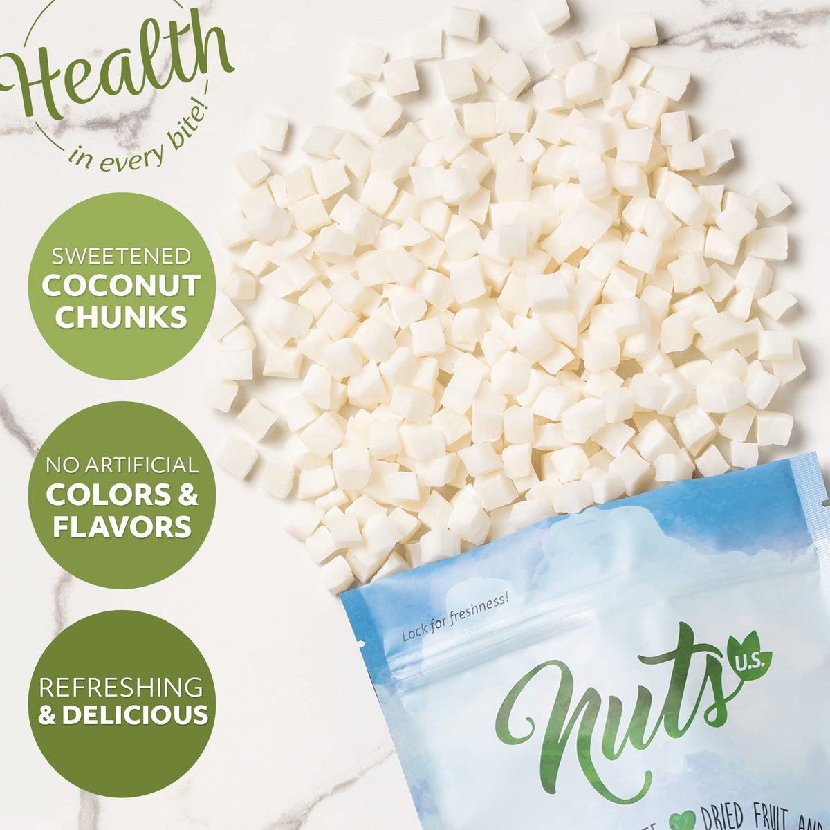 Open bag pouring coconut chunks to show easy serving.