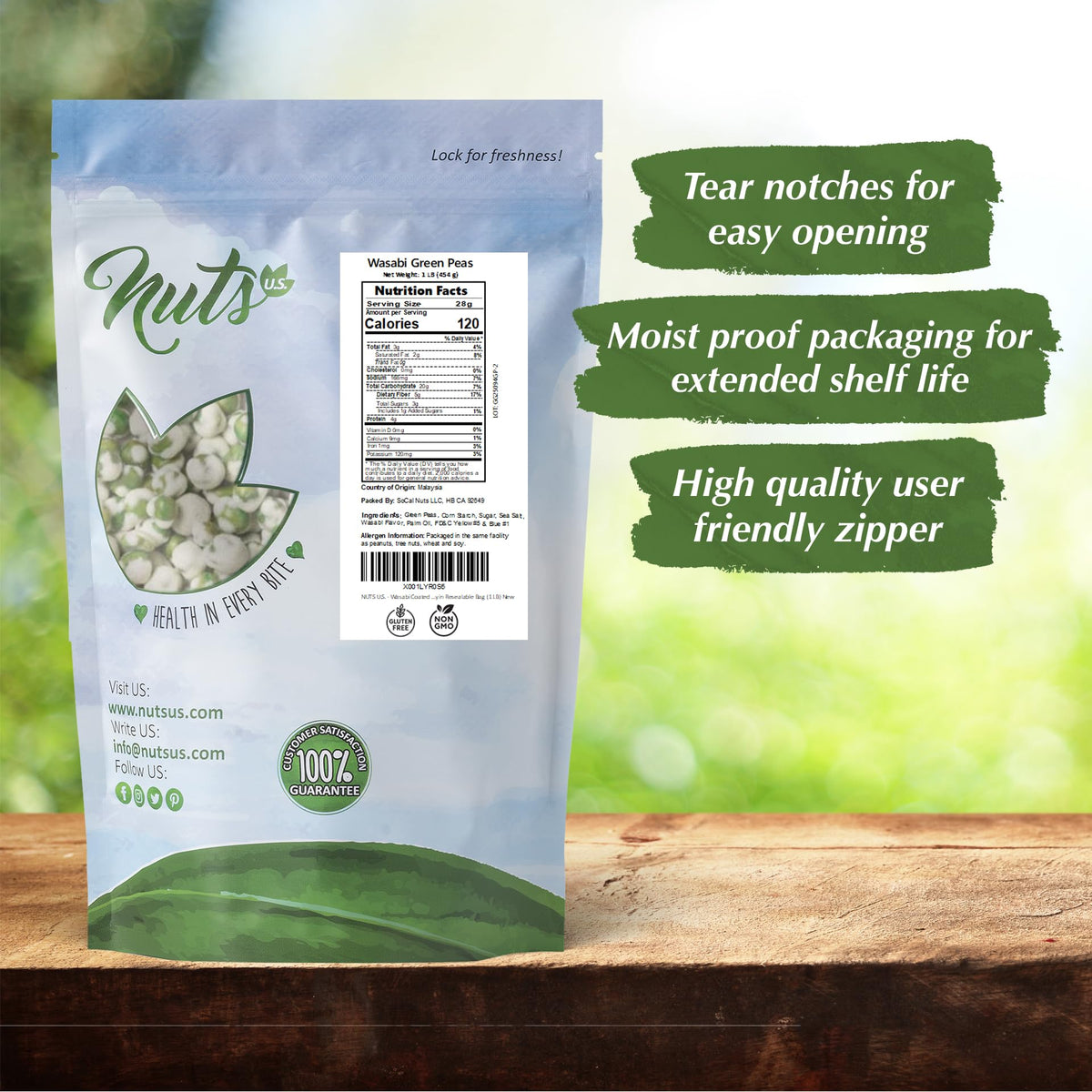 NUTS U.S. Crispy roasted Wasabi green peas with bold flavor.