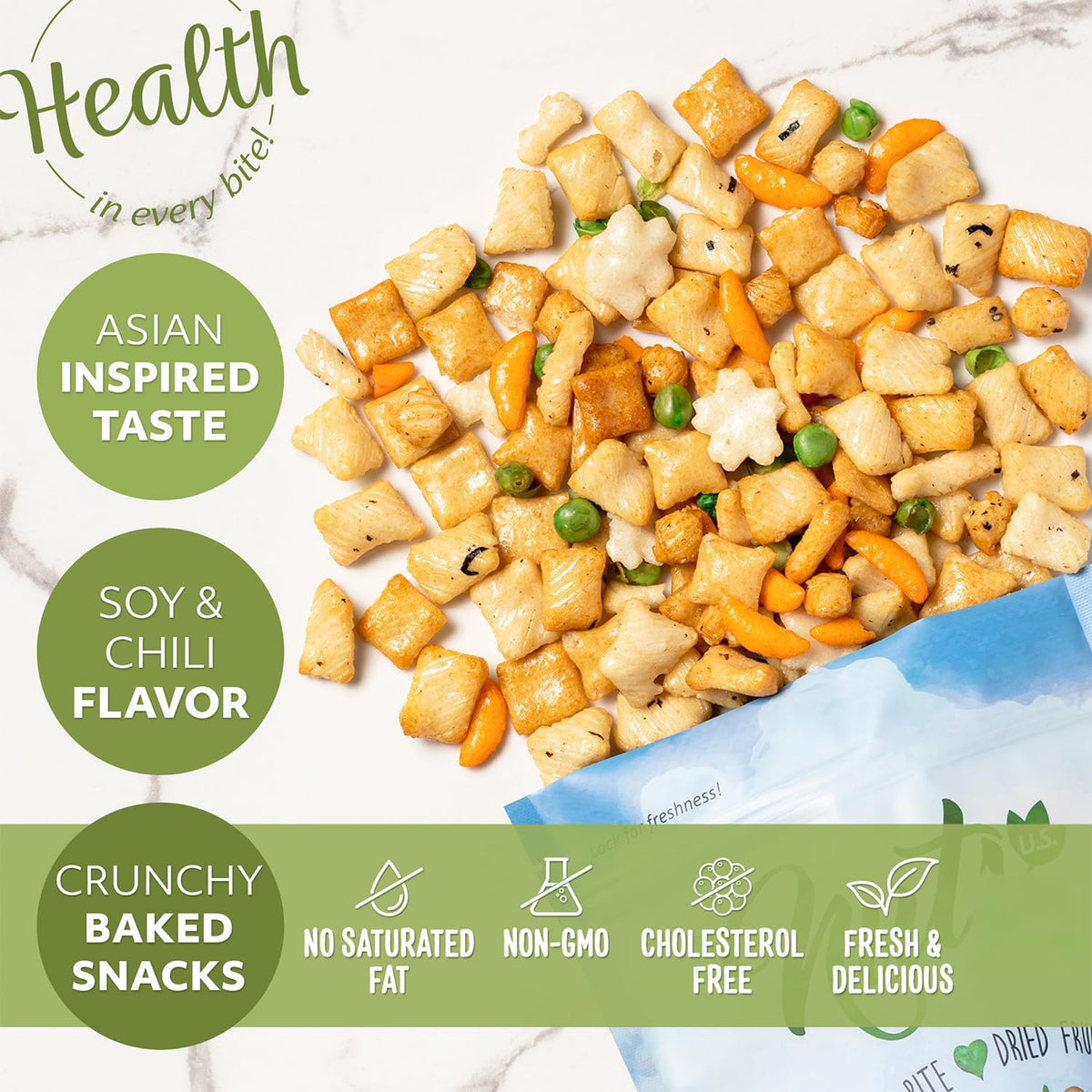 NUTS U.S. Crunchy baked texture ideal for snacks during games.