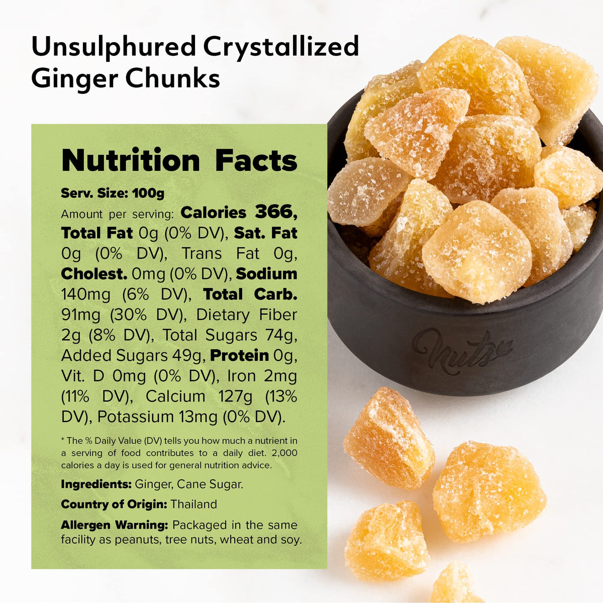 NUTS U.S. ginger chunks in dessert bowl inspire topping ideas.
