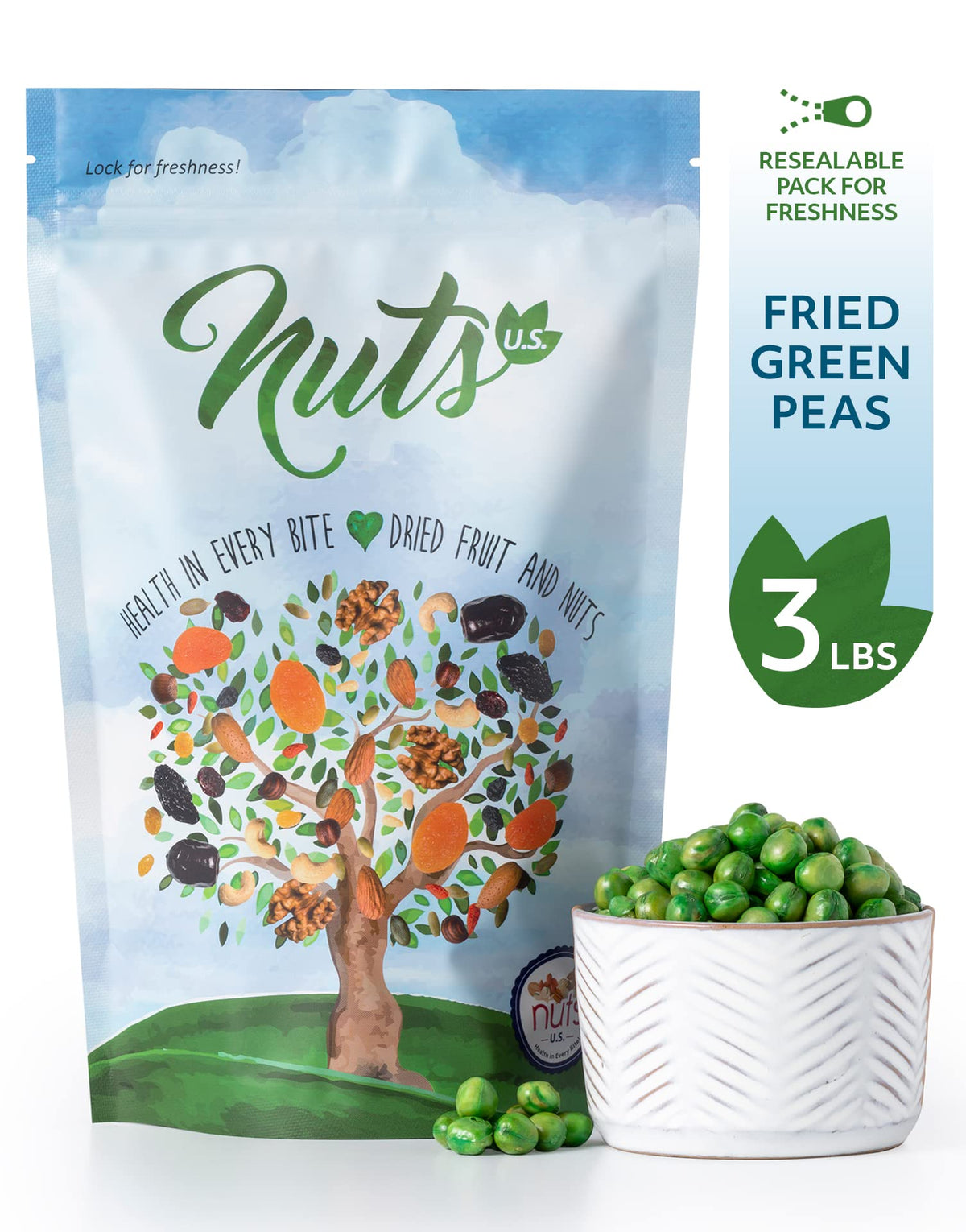 NUTS U.S. green peas resealable bag – stays fresh for on-the-go snacking.