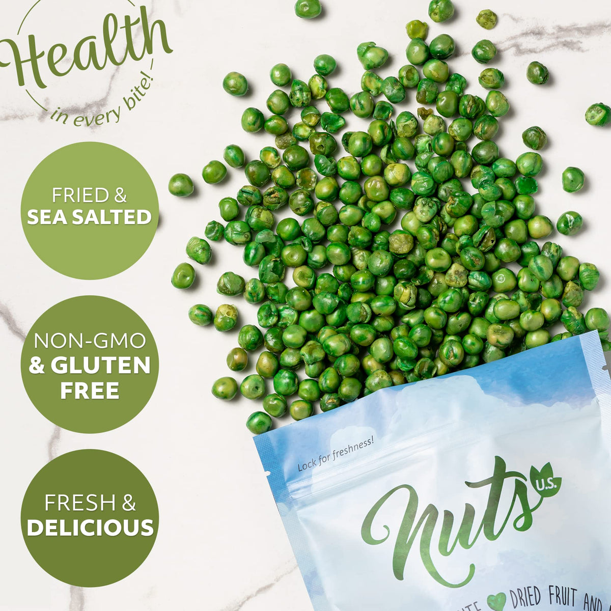 NUTS U.S. green peas snack serve, gluten-free and Non-GMO.