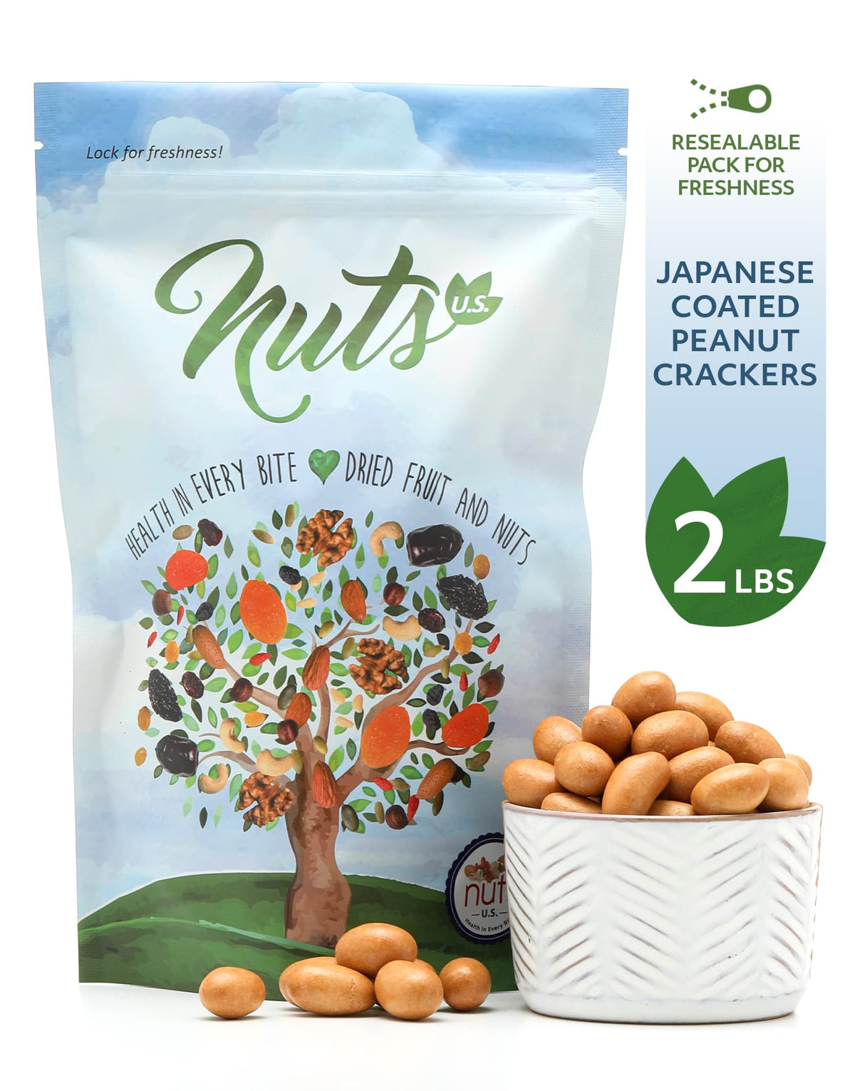 Close-up of the crunchy soy-flavored coating on the Japanese-style peanuts.