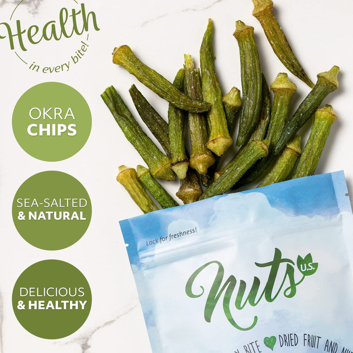 NUTS U.S. Okra Chips fried-in-canola-oil for a crisp bite.