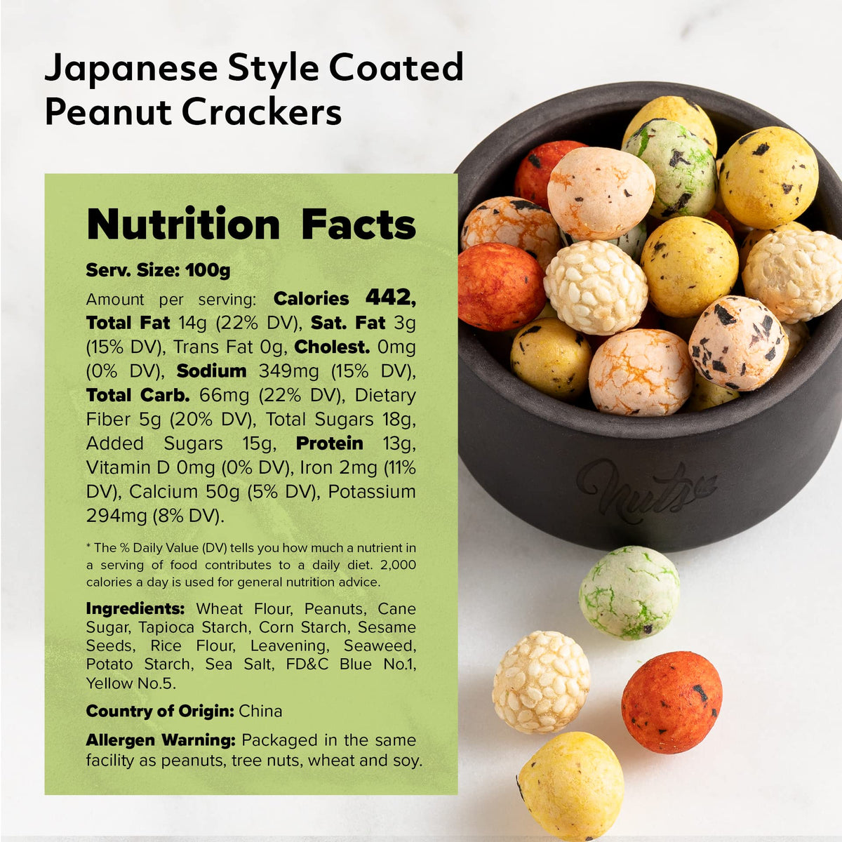 NUTS U.S. ready-to-eat Japanese style peanut crackers for anytime.