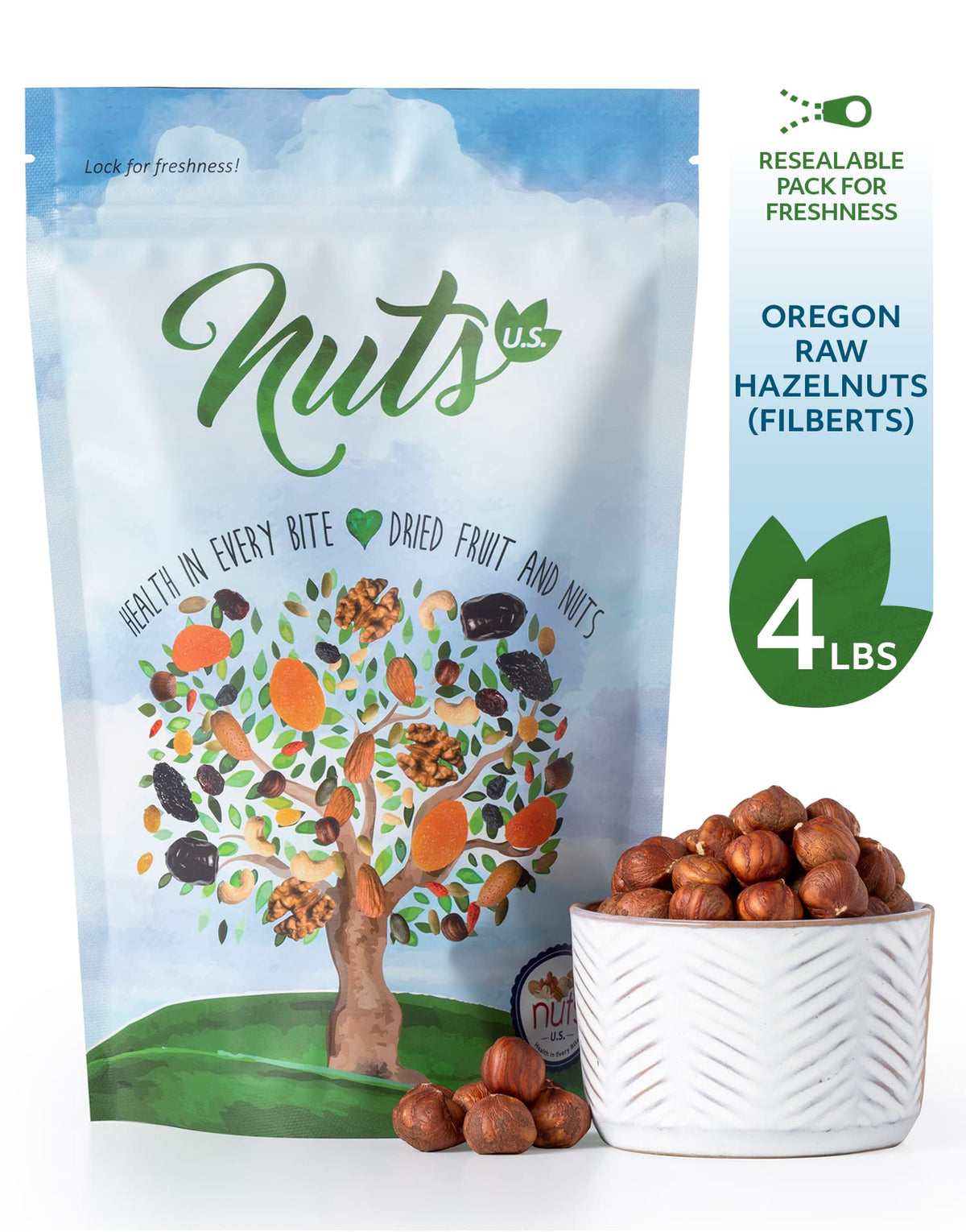 Steam pasteurized Oregon hazelnuts by NUTS U.S. for clean flavor.