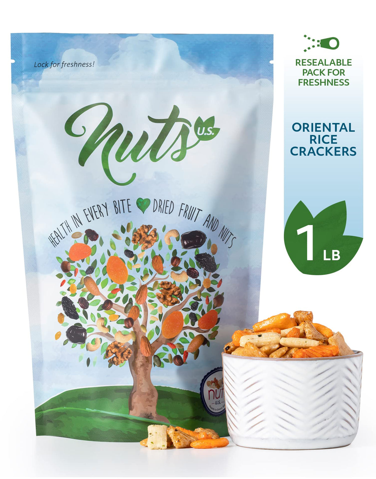 NUTS U.S. Oriental Rice Crackers closeup-texture reveals crisp, bite-sized crackers.