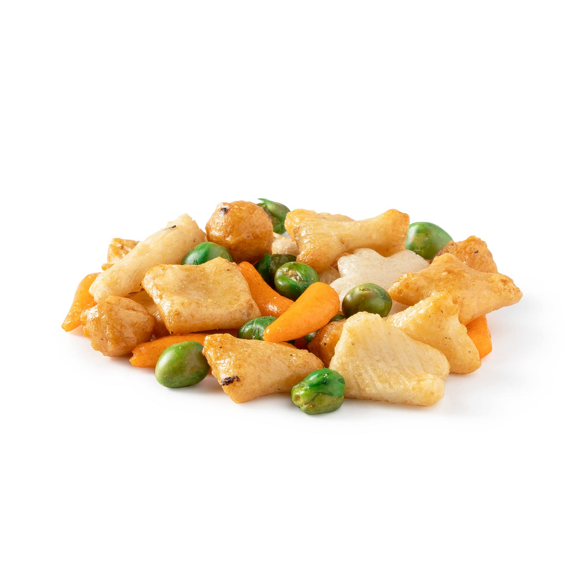 NUTS U.S. Oriental Rice Crackers with green peas in a resealable bag for easy snacking.