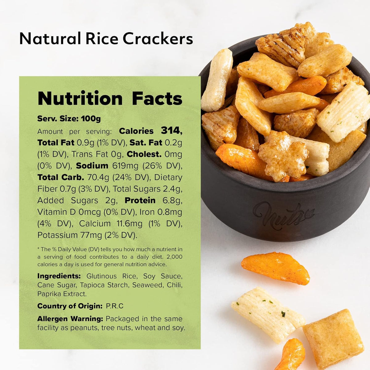 NUTS U.S. Oriental Rice Crackers on a kitchen counter with dip