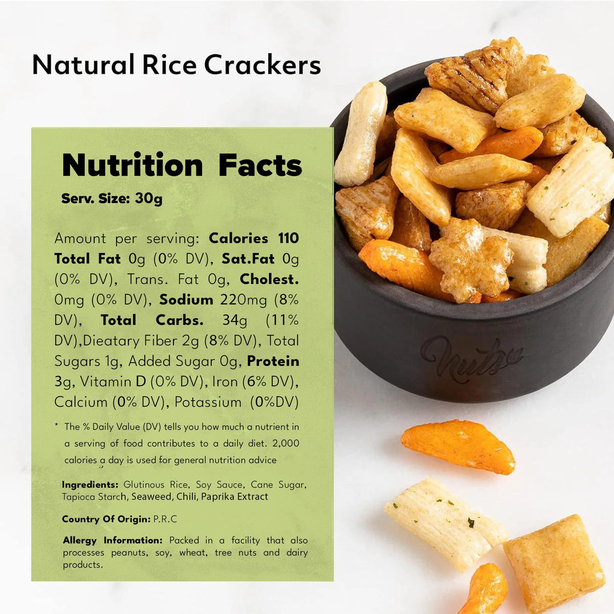 NUTS U.S. Oriental Rice Crackers soy chili glaze visible, inviting snack.