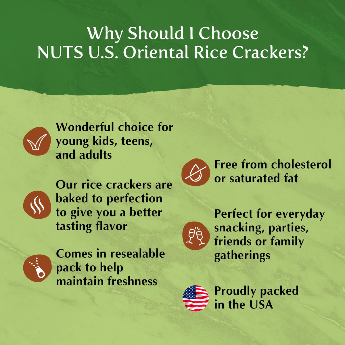 USA-packed NUTS U.S. Oriental Rice Crackers packaging label