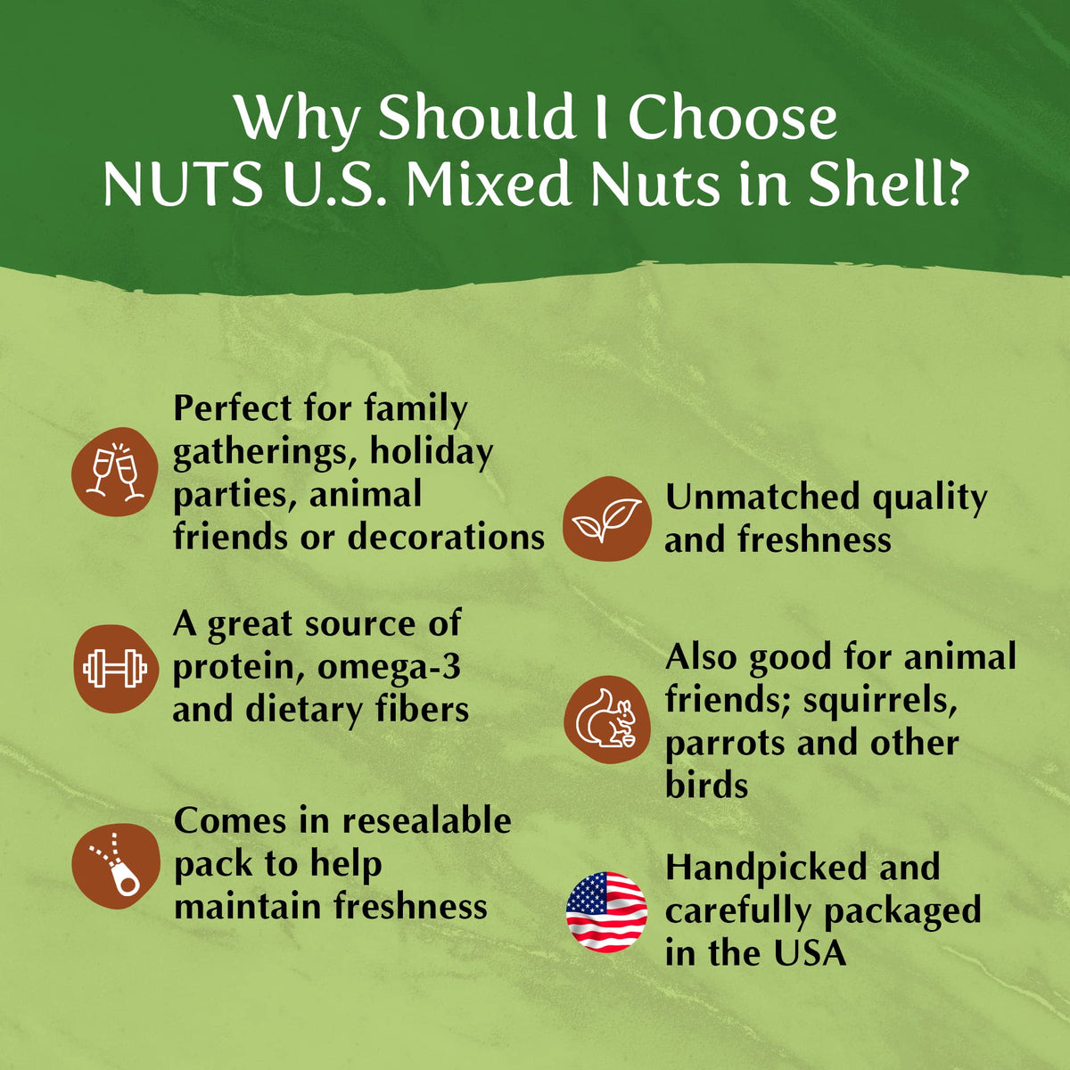 NUTS U.S. packed USA resealable bag keeps freshness.