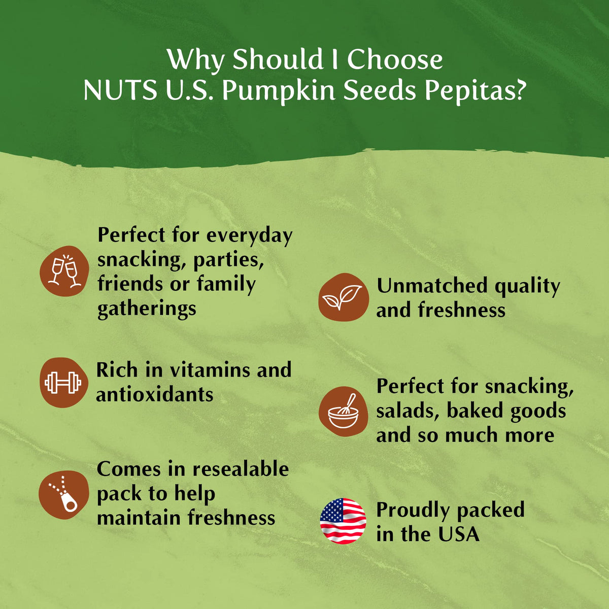 NUTS U.S. pumpkin seeds packed in the USA for freshness.
