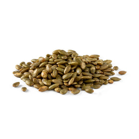 NUTS U.S. pumpkin seeds roasted and salted, shell-free for easy snacking.