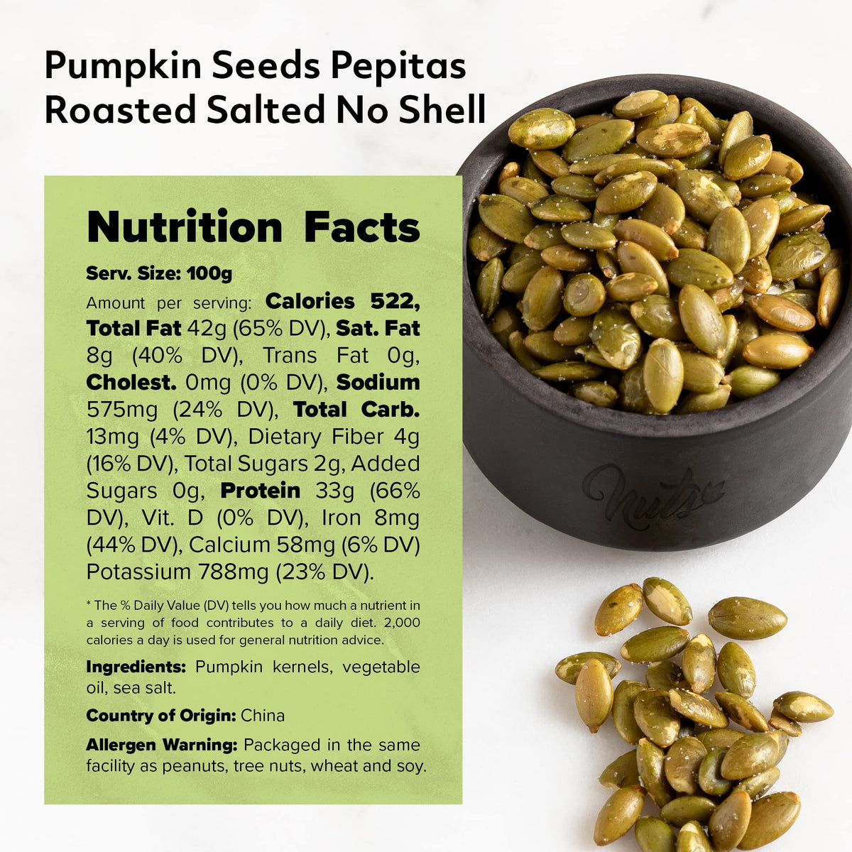 NUTS U.S. pumpkin seeds vegan and gluten-free snack option.