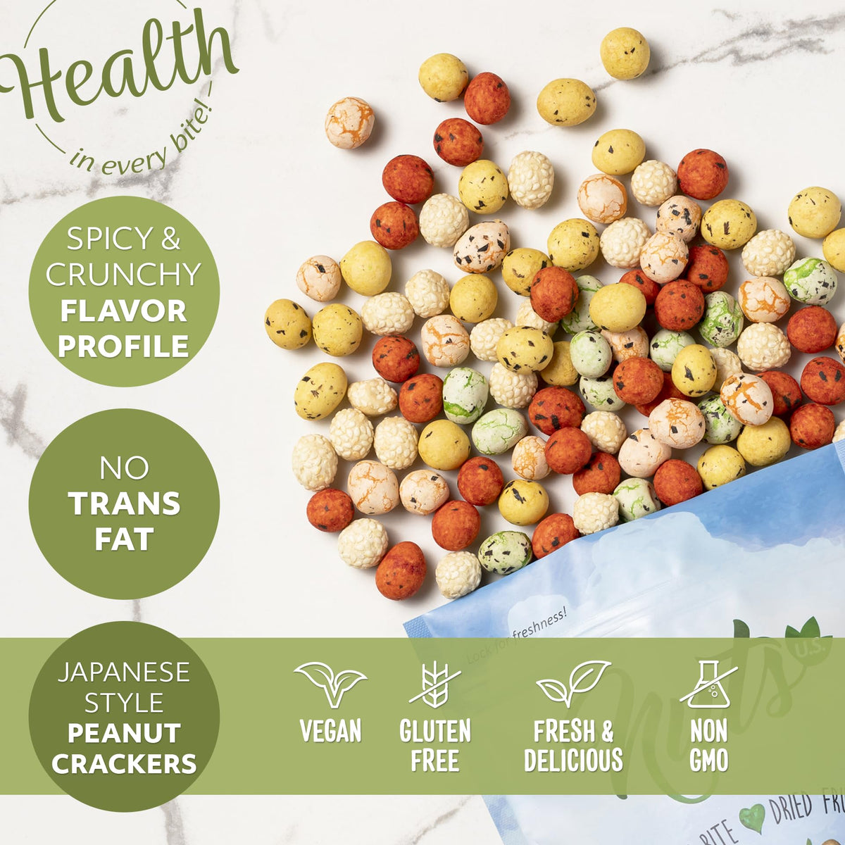 NUTS U.S. non-GMO no trans fats snack option.