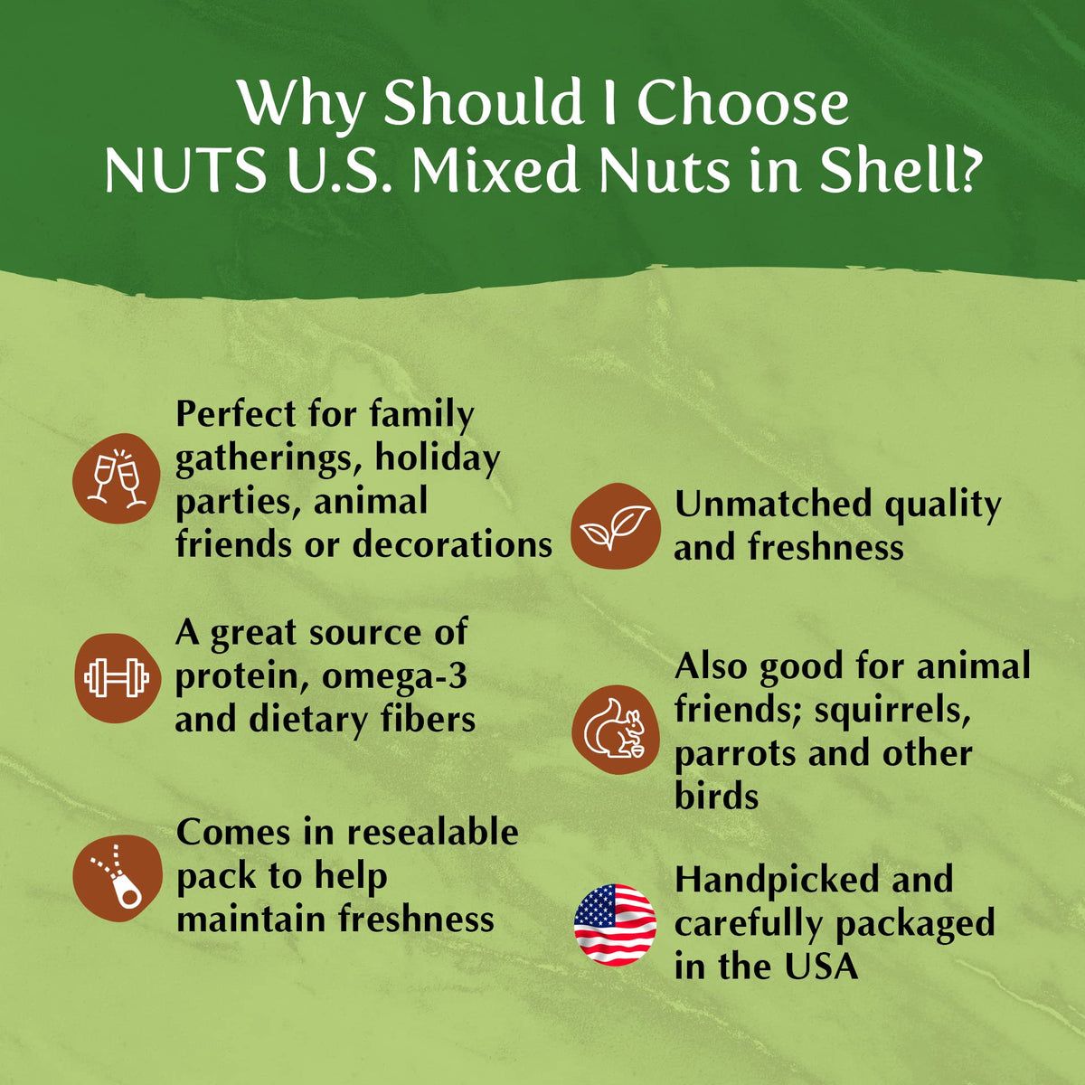 NUTS U.S. resealable bag of mixed nuts, keeps freshness longer.
