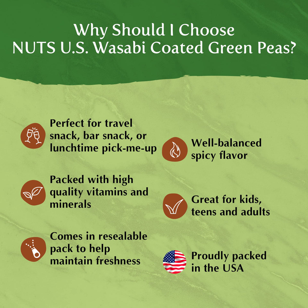 NUTS U.S. Spicy wasabi flavor adds excitement to snacking moments.
