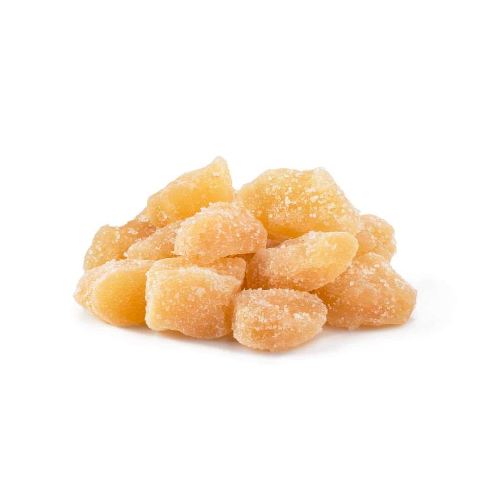 NUTS U.S. unsulphured crystallized ginger chunks in resealable bag for fresh flavor.