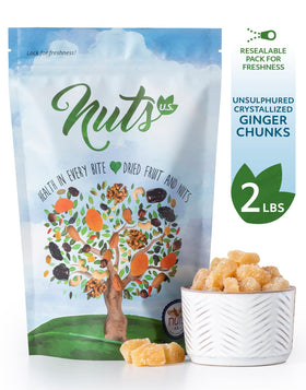 NUTS U.S. unsulphured crystallized ginger chunks in bag shown open for easy use.
