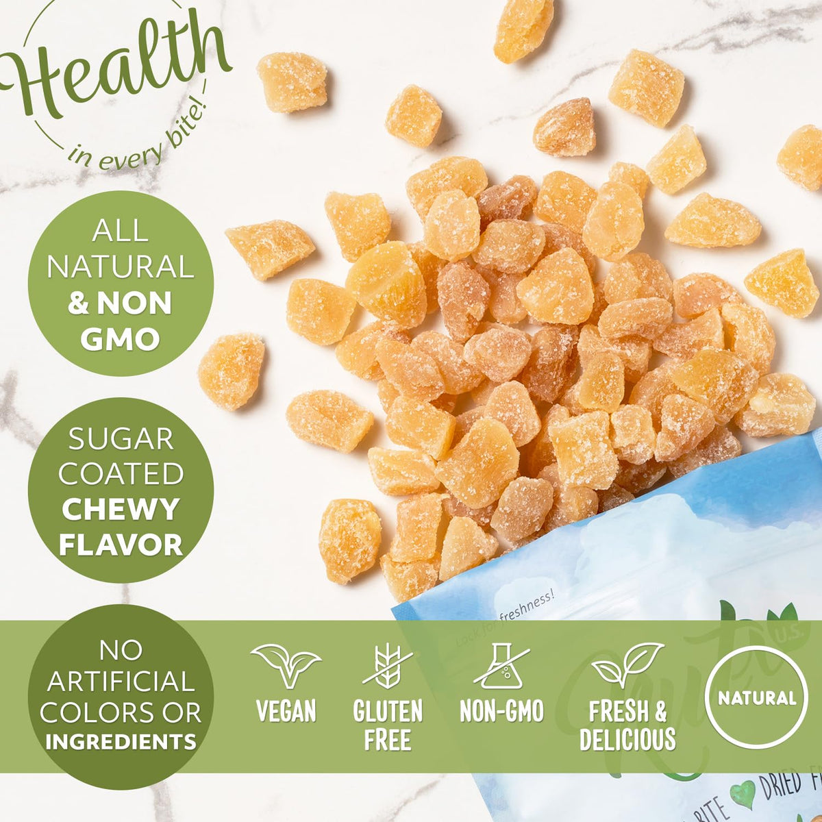 NUTS U.S. unsulphured crystallized ginger chunks in recipes ready form for salads and desserts.