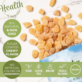 NUTS U.S. unsulphured crystallized ginger chunks in recipes ready form for salads and desserts.