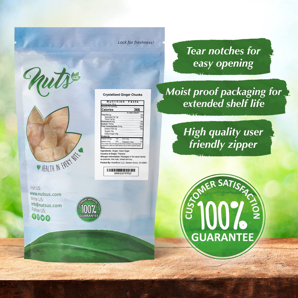 NUTS U.S. unsulphured crystallized ginger chunks sugar-coated ideal for cookies and smoothies.