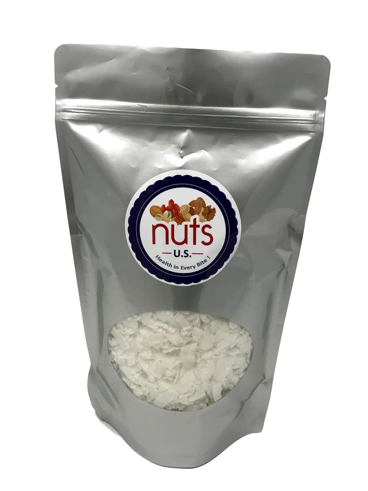 NUTS U.S. unsweetened coconut chips close up showing crisp texture.