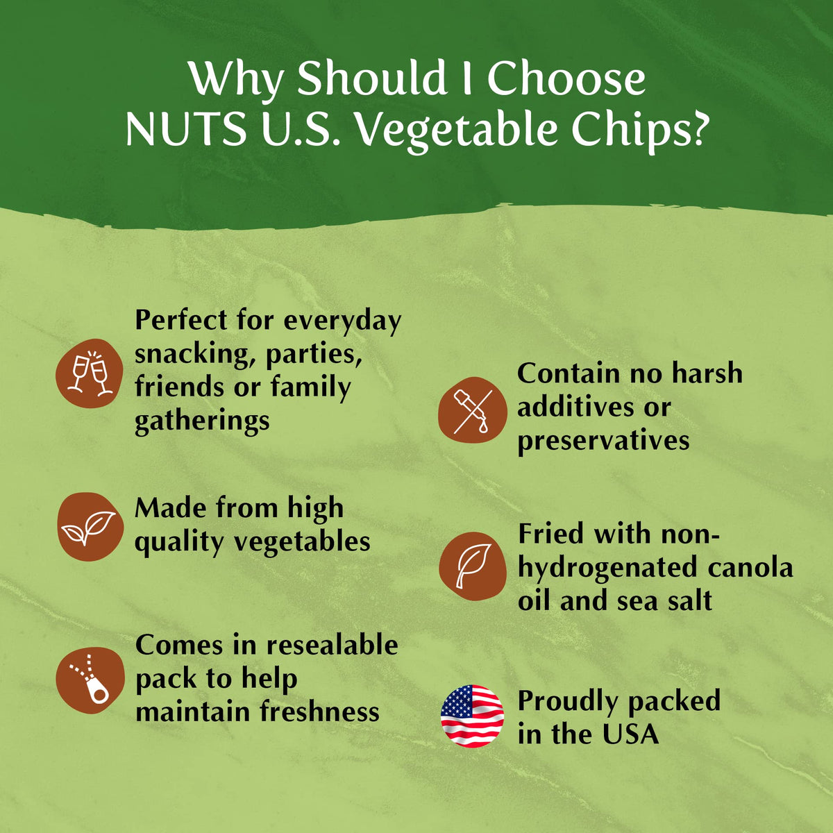 NUTS U.S. carrot and green bean chips show bright hues and crisp bite.