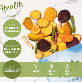NUTS U.S. assorted vegetable chips offer color and crunch for gatherings.