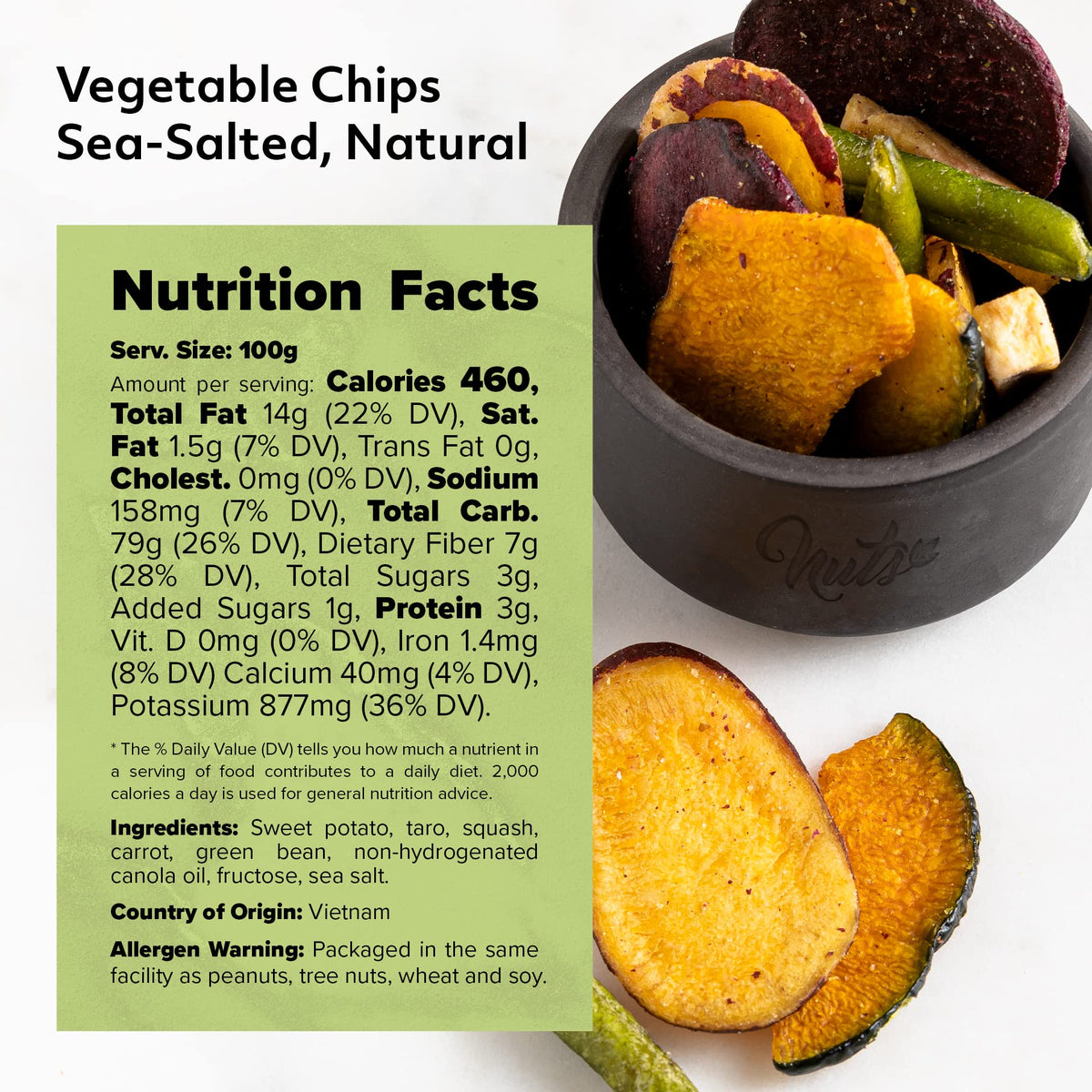 NUTS U.S. sweet potato taro squash chips with vibrant crunch.