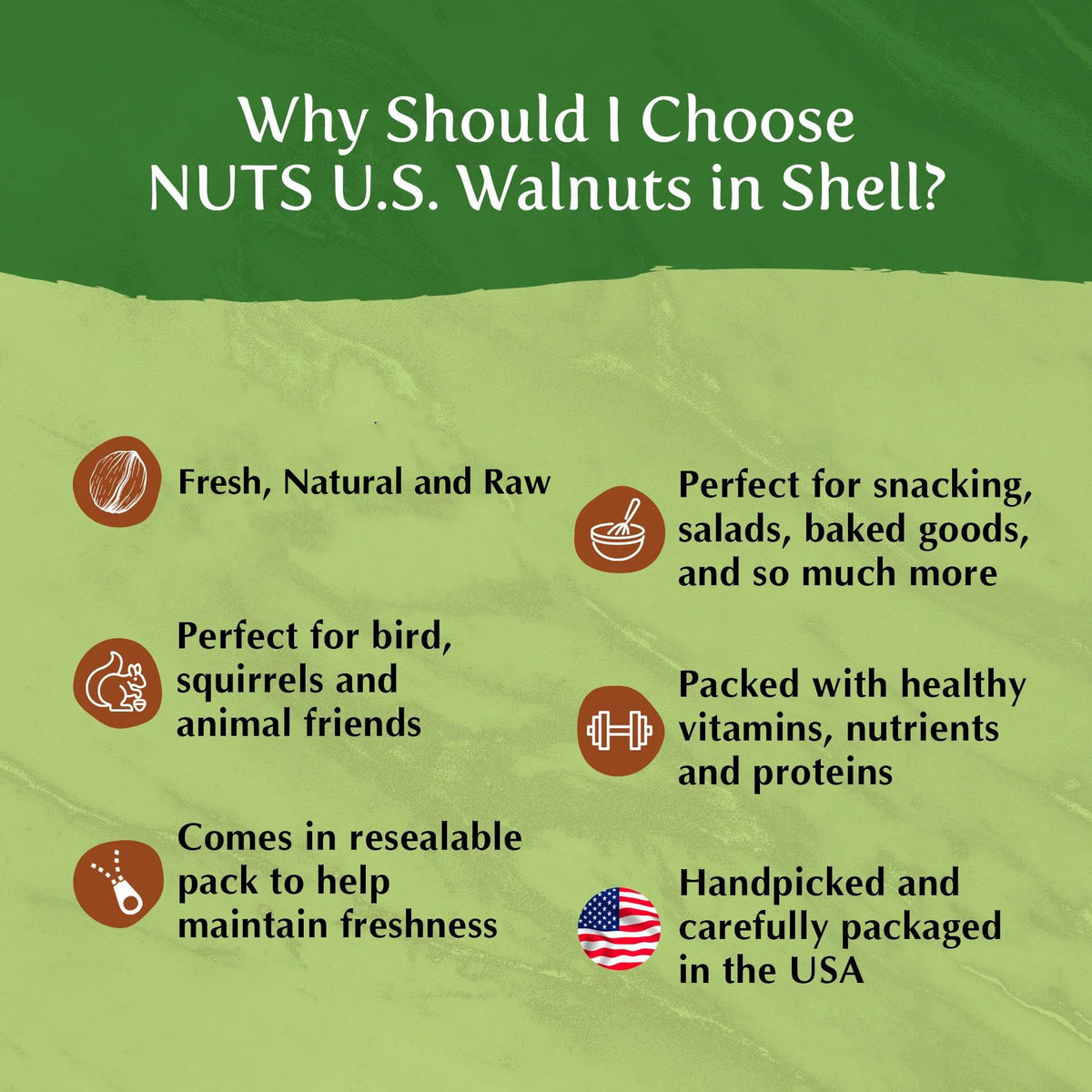 NUTS U.S. California-grown walnuts highlight local farming and freshness.