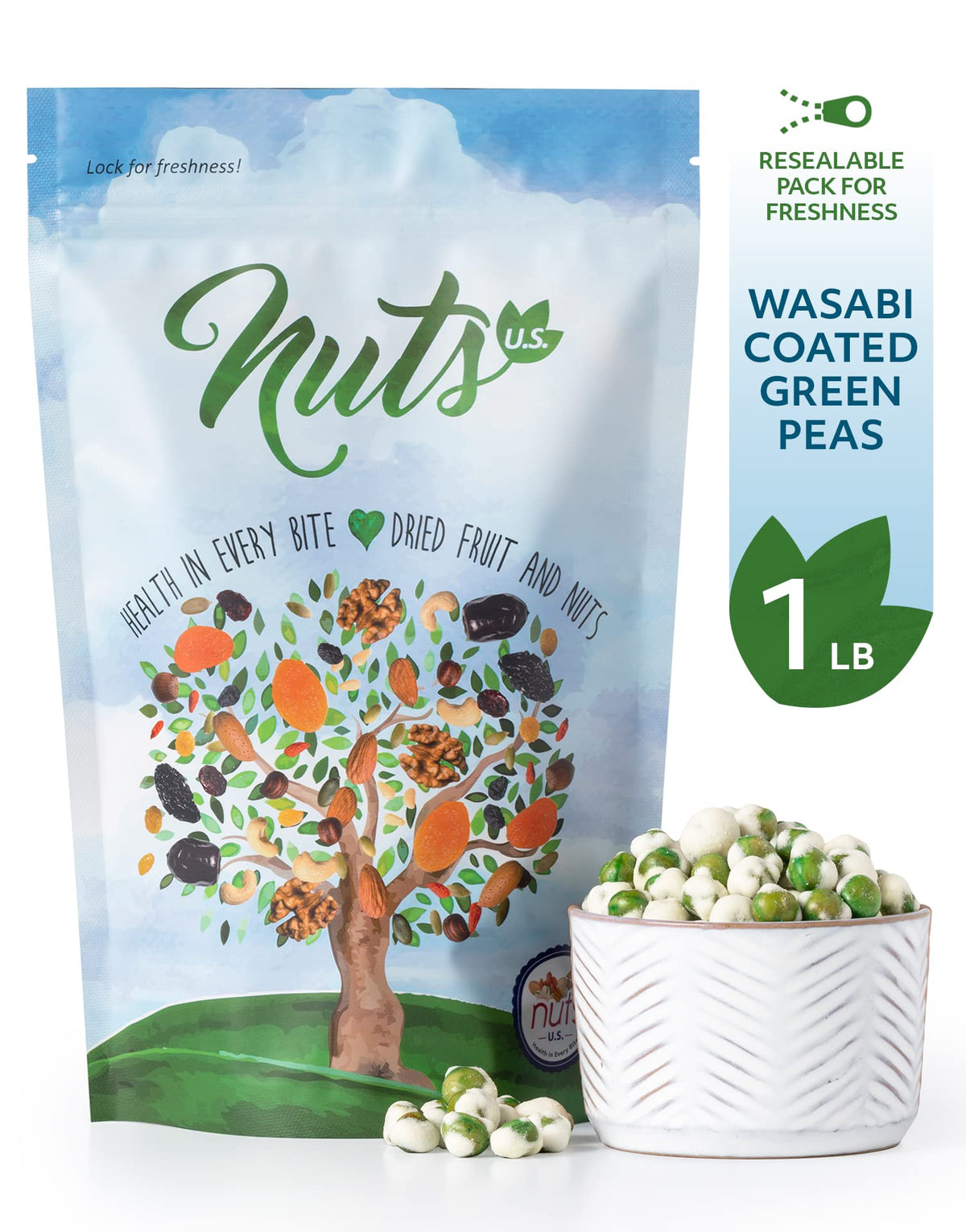 NUTS U.S. Wasabi-coated Green Peas close-up – crunchy texture and spice.