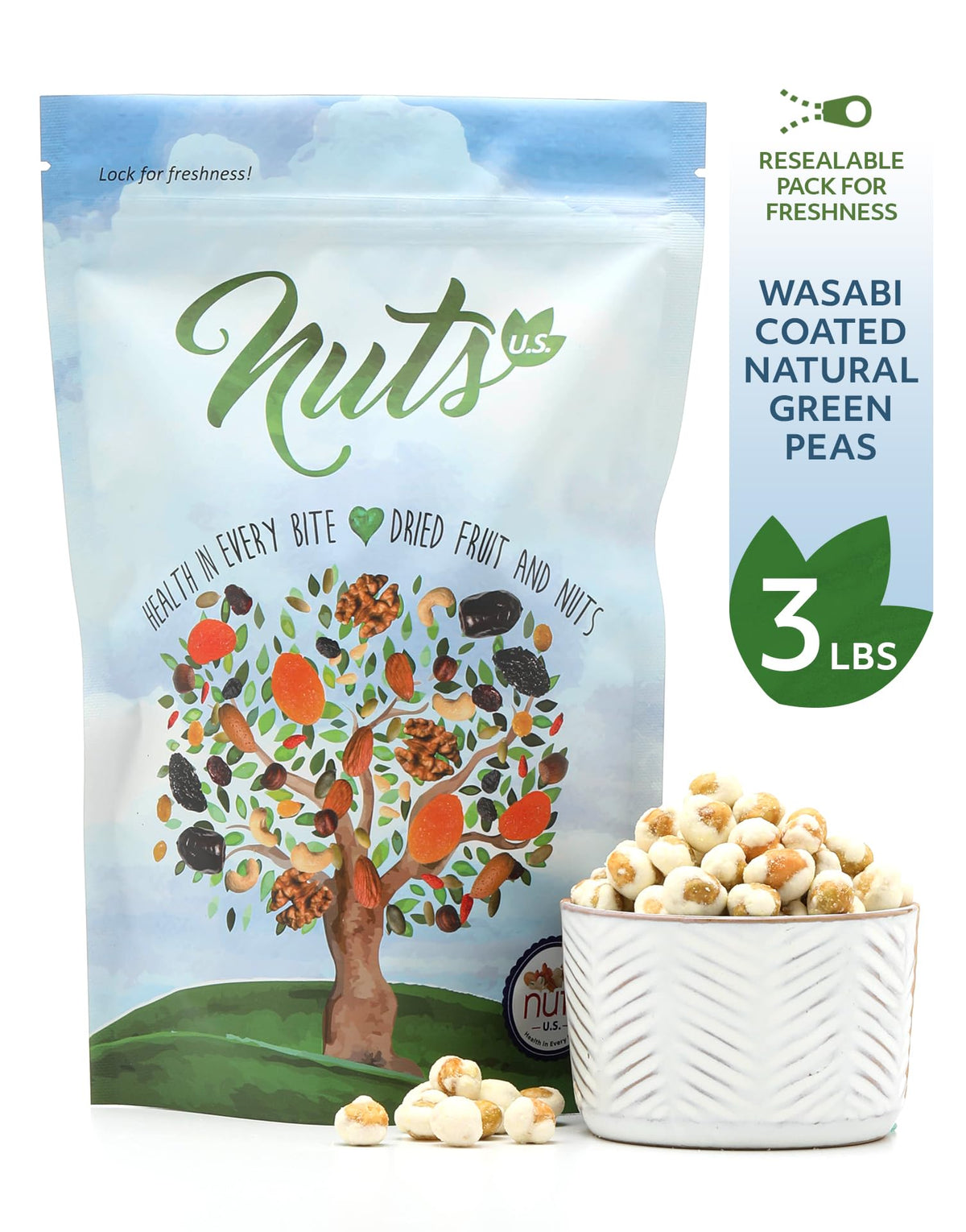 NUTS U.S. Wasabi Green Peas closeup captures vibrant peas with spicy wasabi coating.