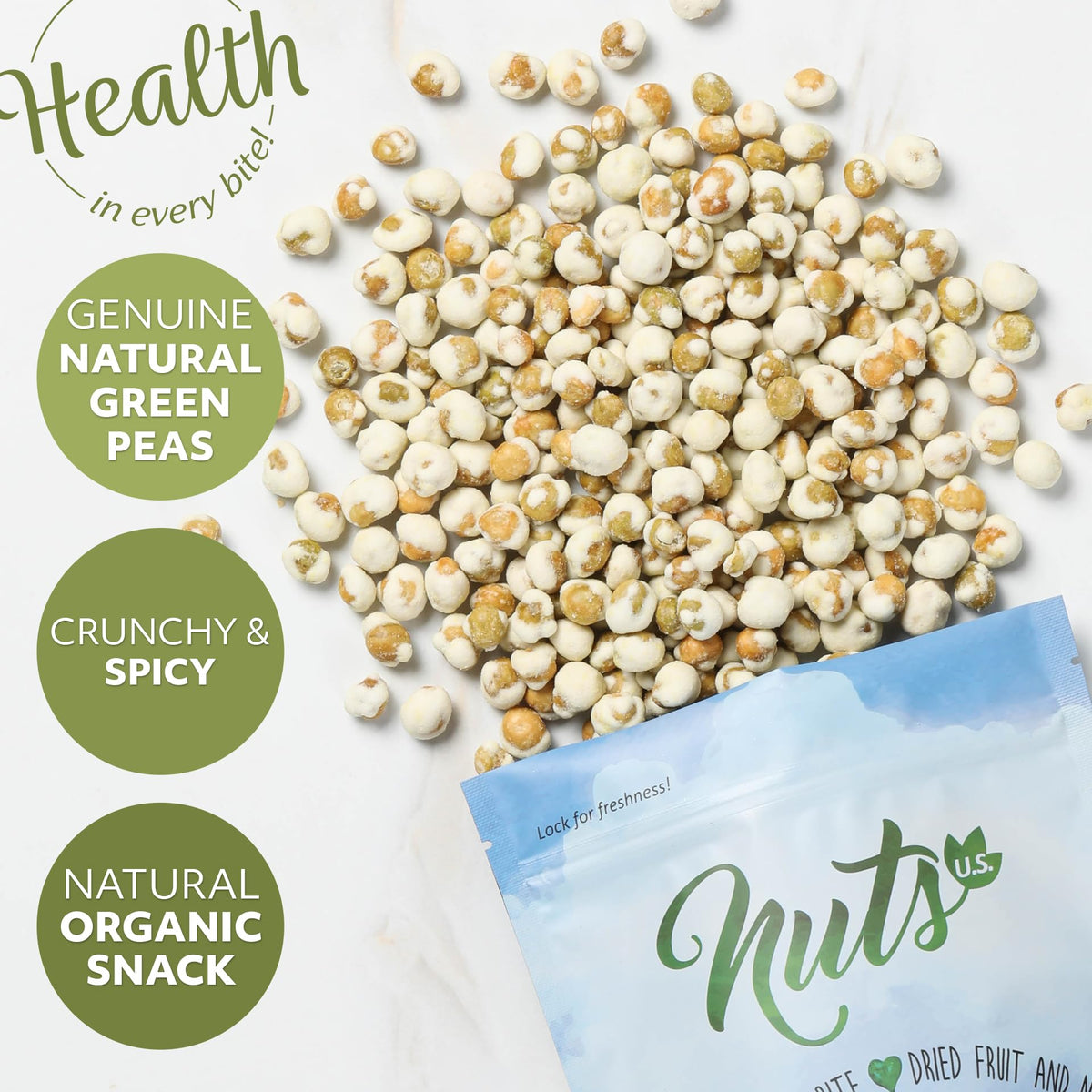 NUTS U.S. Wasabi Green Peas snack on-the-go, a punchy bite anytime.