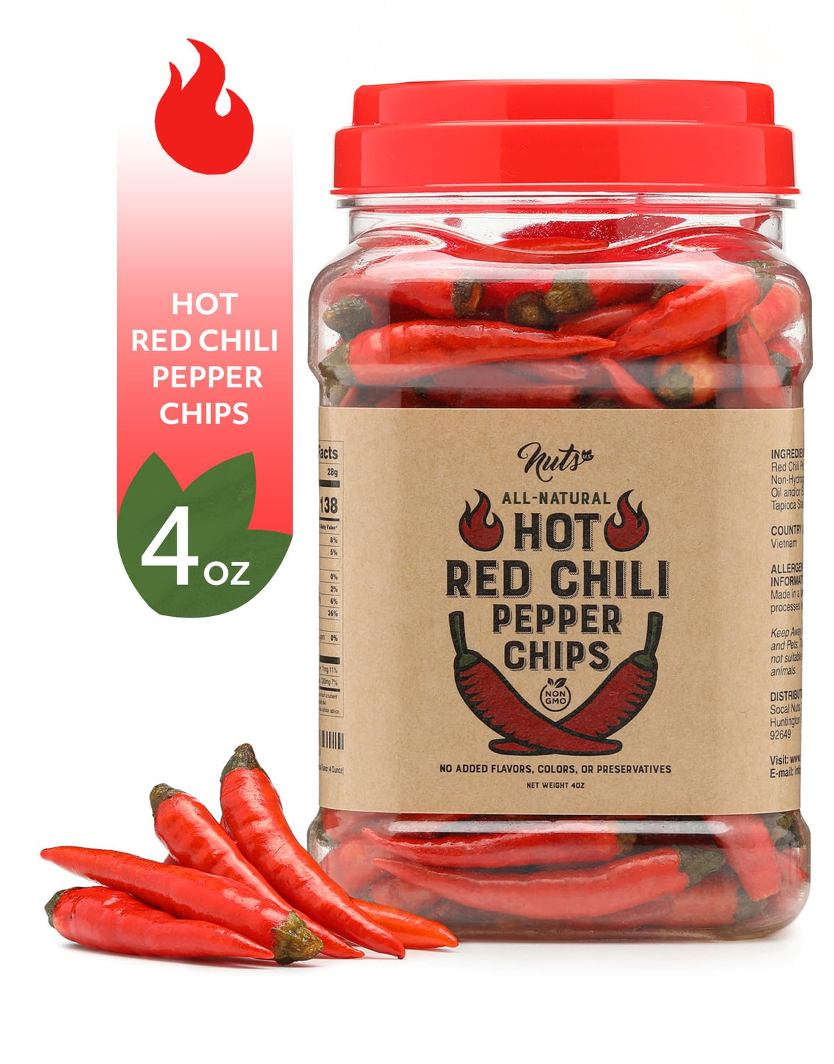 NUTS U.S. Whole Red Chili Peppers closeup highlighting vibrant color and crisp texture.