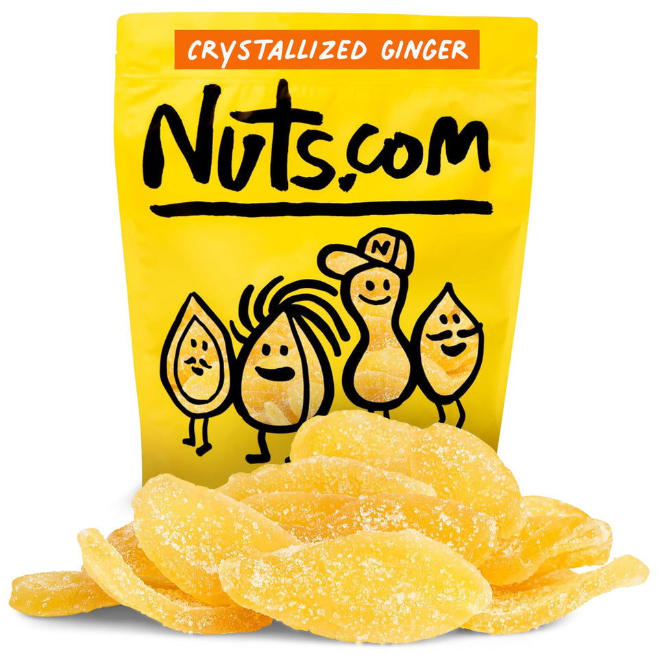 Nuts.com crystallized ginger pieces in a resealable bag for on-the-go snacking.