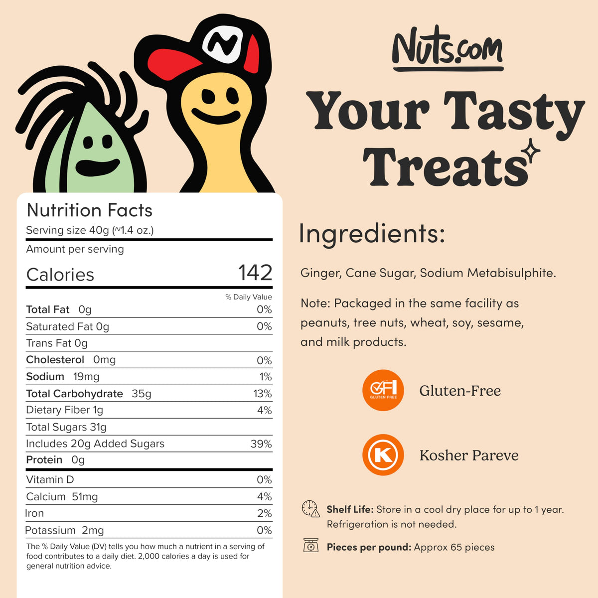 Nuts.com crystallized ginger pieces in a resealable bag on a kitchen counter.