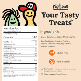 Nuts.com crystallized ginger pieces in a resealable bag on a kitchen counter.