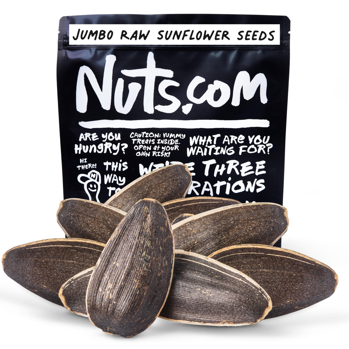 Nuts.com jumbo raw sunflower seeds in shell on shelf for healthy snacking.