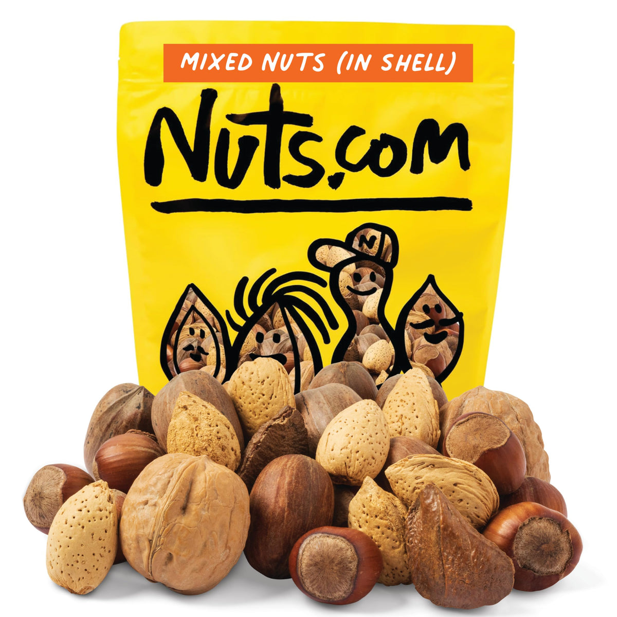 Nuts.com mixed nuts in shell 5 lb bag front view, convenient snack option.