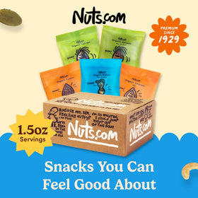 Nuts.com raw organic cashews pack, close-up, on-the-go snacking.