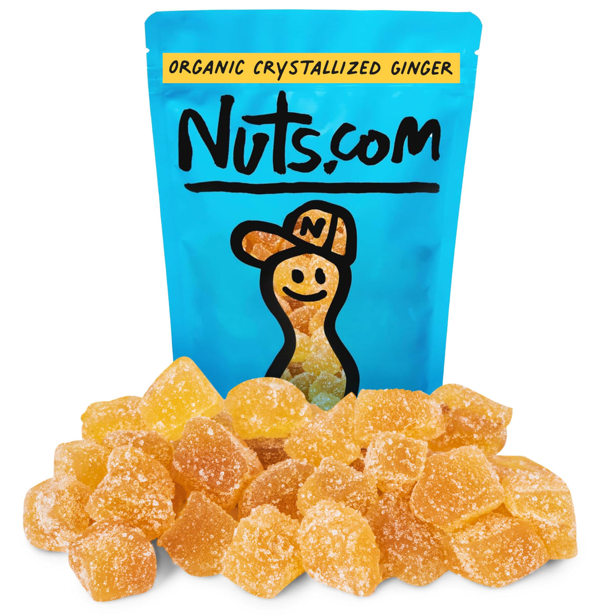 Close-up of Nuts.com Organic Crystallized Ginger Bites, perfect for on-the-go digestion support.