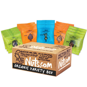 Nuts.com organic dried fruit and nut variety box front view, ideal for gifting.