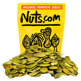 Nuts.com organic pumpkin seeds no shell in bag for quick, convenient snacking.